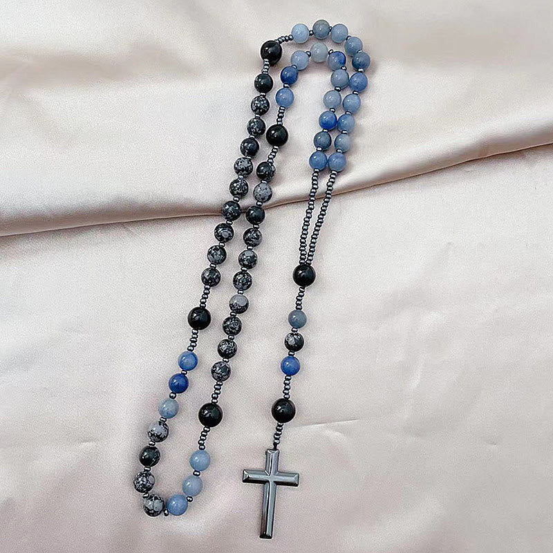 Rosario a croce con perle di alabastro blu avventurina da 8 mm Christianartworkshop - image 2