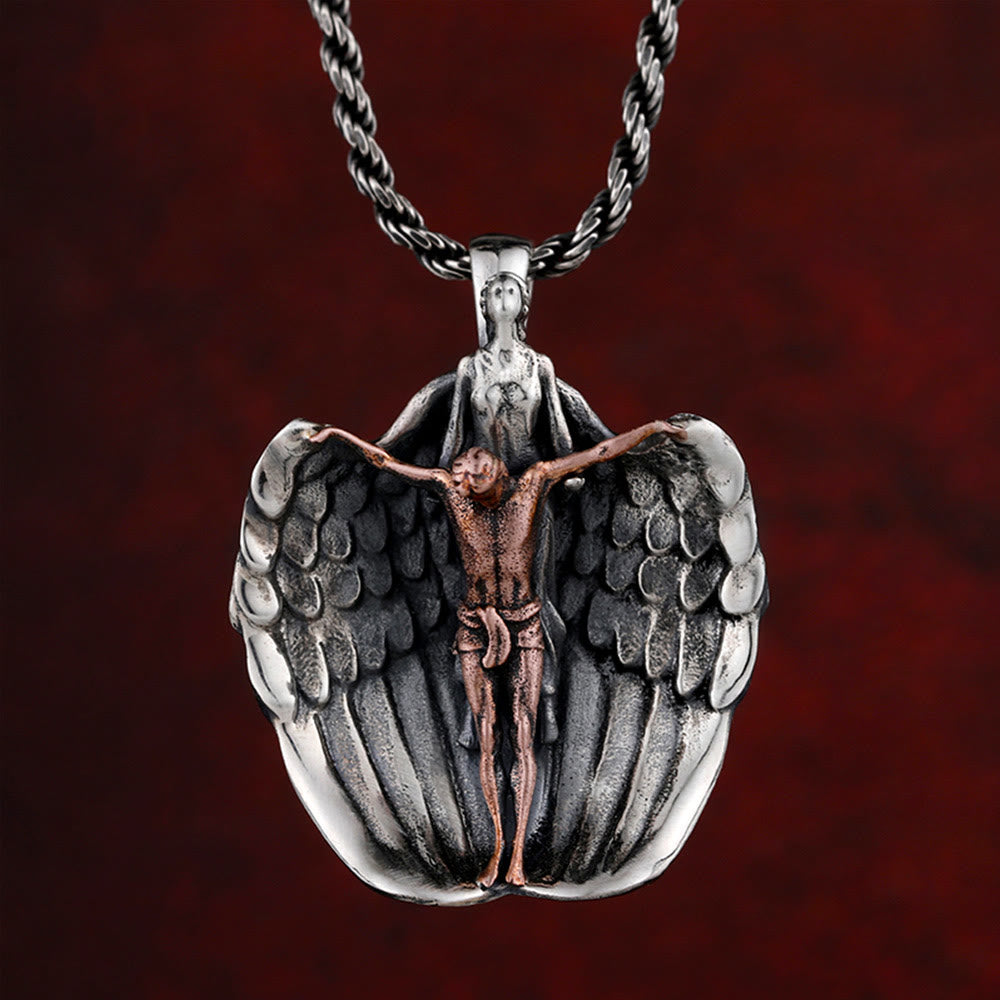 Collana vintage con crocifisso in argento sterling 925 con ali d'angelo Christianartworkshop : emblema distintivo della grazia divina - Argento Sterling 925 - image 0