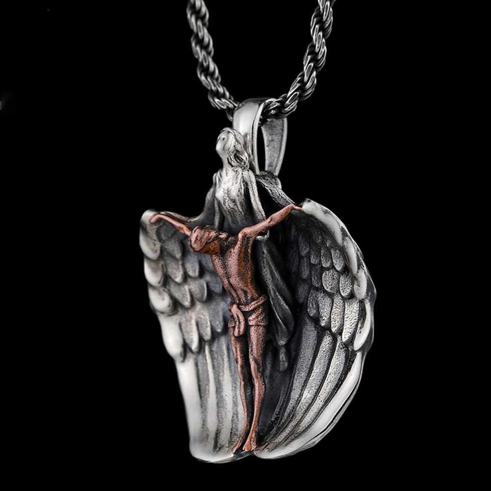 Collana vintage con crocifisso in argento sterling 925 con ali d'angelo Christianartworkshop : emblema distintivo della grazia divina - image 1