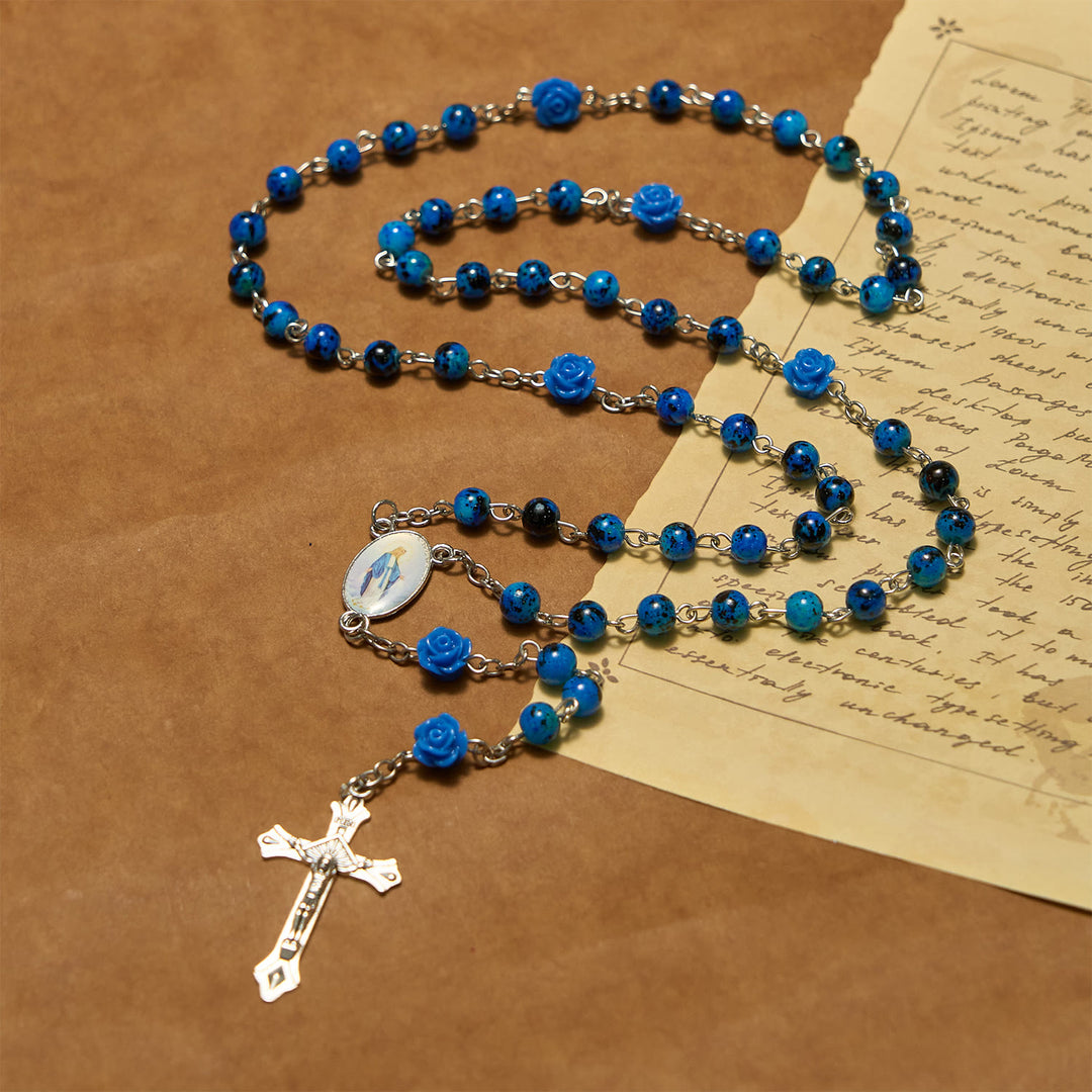 Christianartworkshop Rosario con perline di pietra blu reale, medaglia della Rosa Miracolosa e crocifisso - image 2