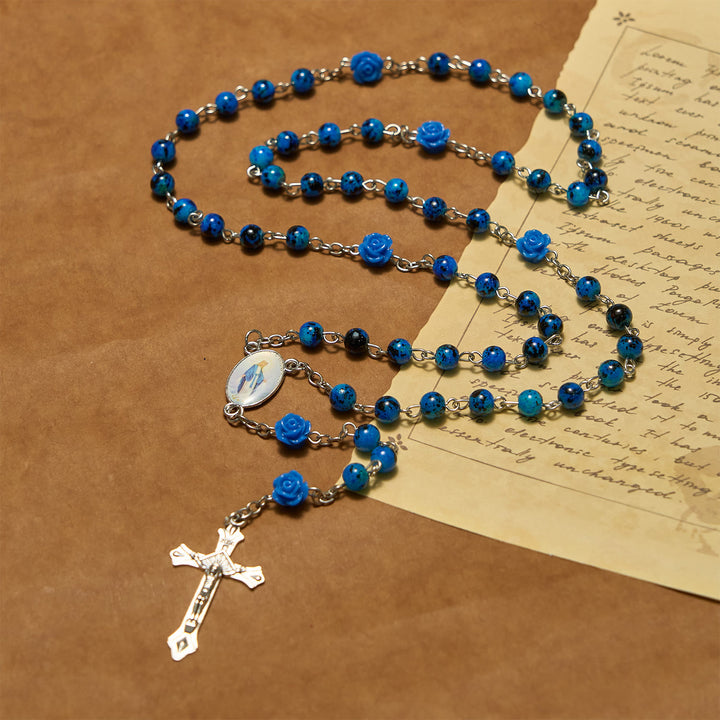 Christianartworkshop Rosario con perline di pietra blu reale, medaglia della Rosa Miracolosa e crocifisso - image 2