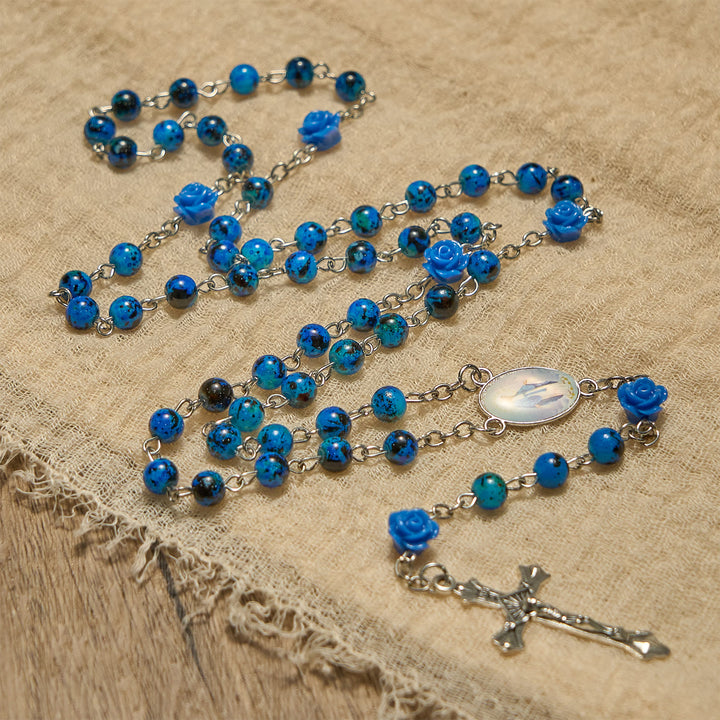 Christianartworkshop Rosario con perline di pietra blu reale, medaglia della Rosa Miracolosa e crocifisso - image 4