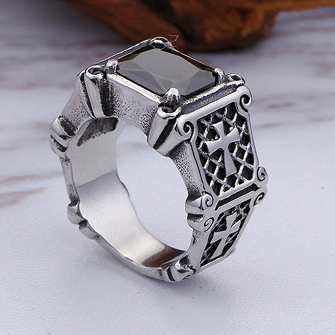 Christianartworkshop Croce con pietre preziose rosse e nere - Anello di coppia decorato: un simbolo di fede e stile - image 5