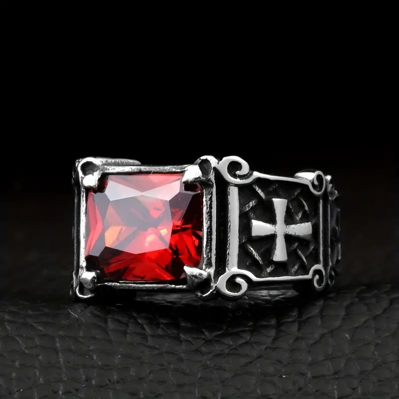 Christianartworkshop Croce con pietre preziose rosse e nere - Anello di coppia decorato: un simbolo di fede e stile - image 7
