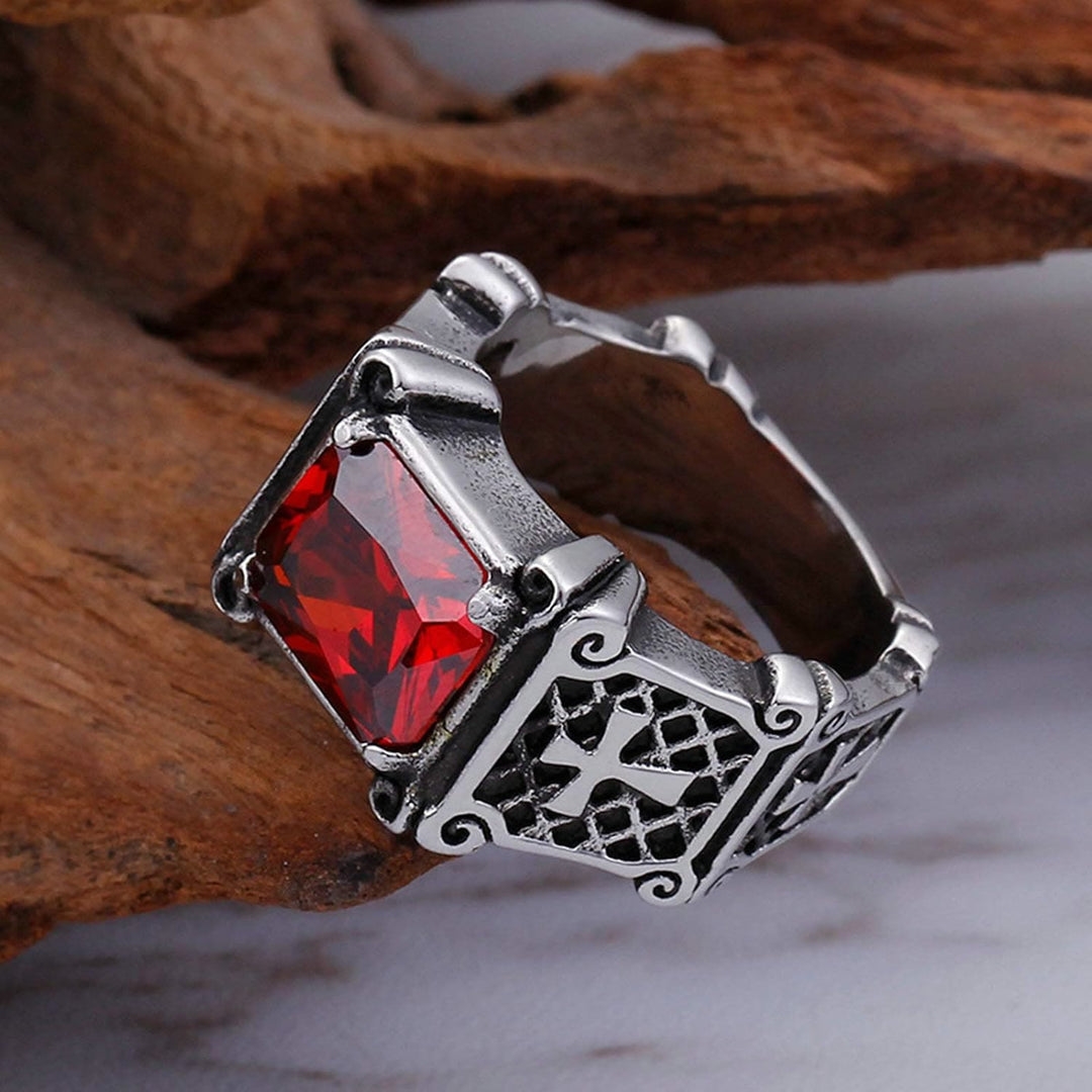 Christianartworkshop Croce con pietre preziose rosse e nere - Anello di coppia decorato: un simbolo di fede e stile - Rosso - US 13 - image 0