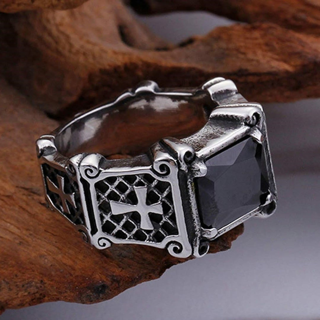 Christianartworkshop Croce con pietre preziose rosse e nere - Anello di coppia decorato: un simbolo di fede e stile - Nero - US14 - image 1