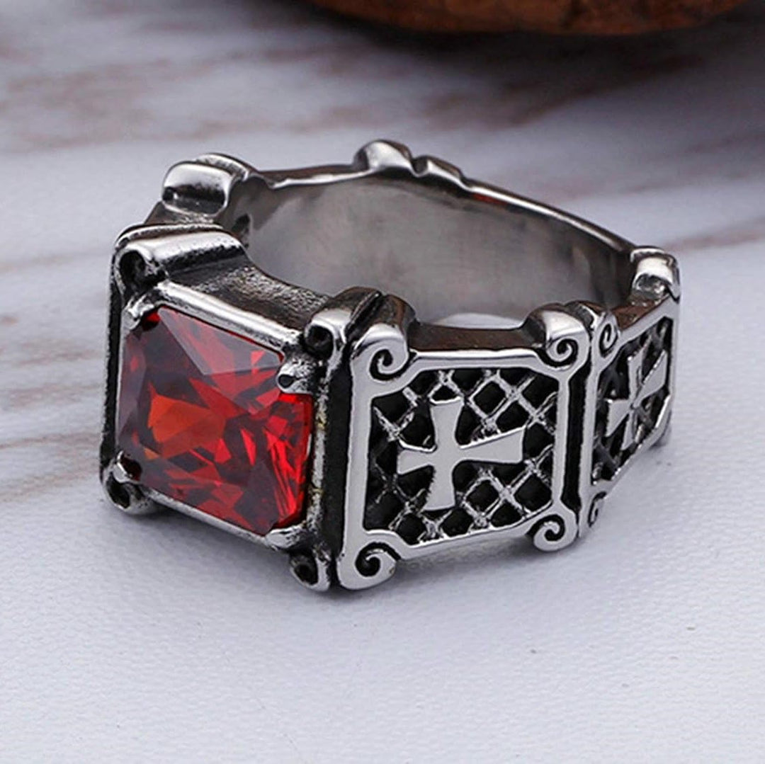 Christianartworkshop Croce con pietre preziose rosse e nere - Anello di coppia decorato: un simbolo di fede e stile - image 10