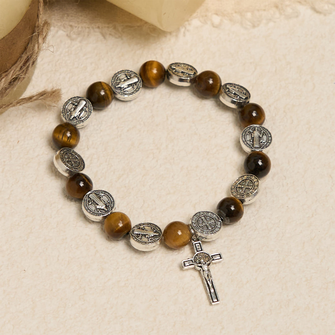 Christianartworkshop Bracciale con simbolo di San Benedetto e occhio di tigre: un mix di fede e bellezza - image 1