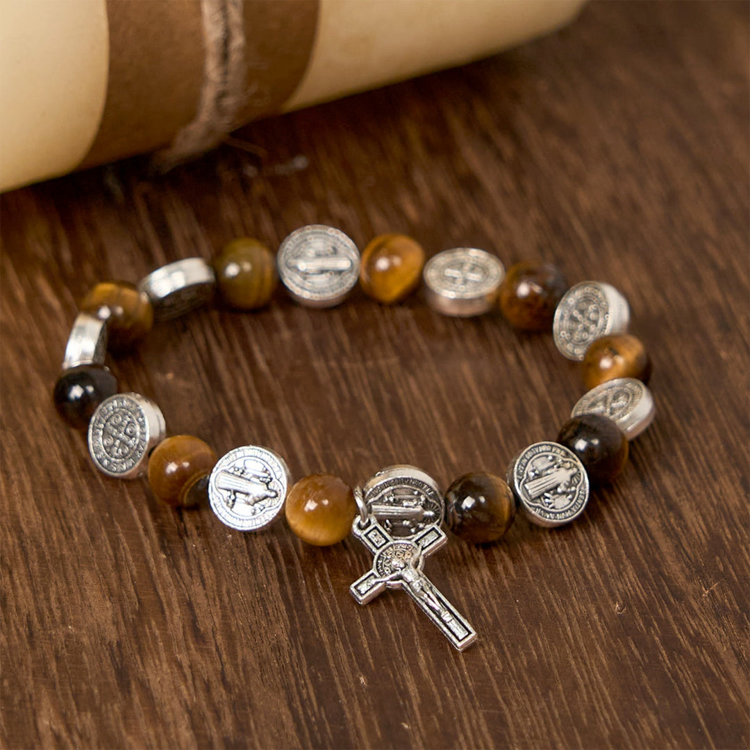 Christianartworkshop Bracciale con simbolo di San Benedetto e occhio di tigre: un mix di fede e bellezza - image 0