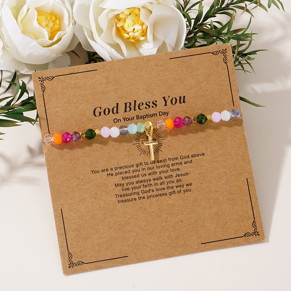 Christianartworkshop Bracciale con croce di cristallo multicolore e biglietto benedetto: un vivido segno di fede - image 1