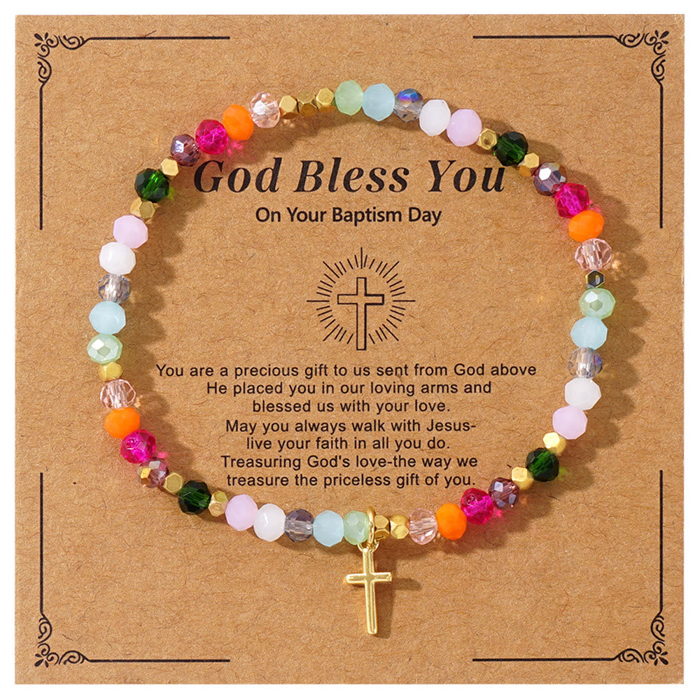 Christianartworkshop Bracciale con croce di cristallo multicolore e biglietto benedetto: un vivido segno di fede - image 0