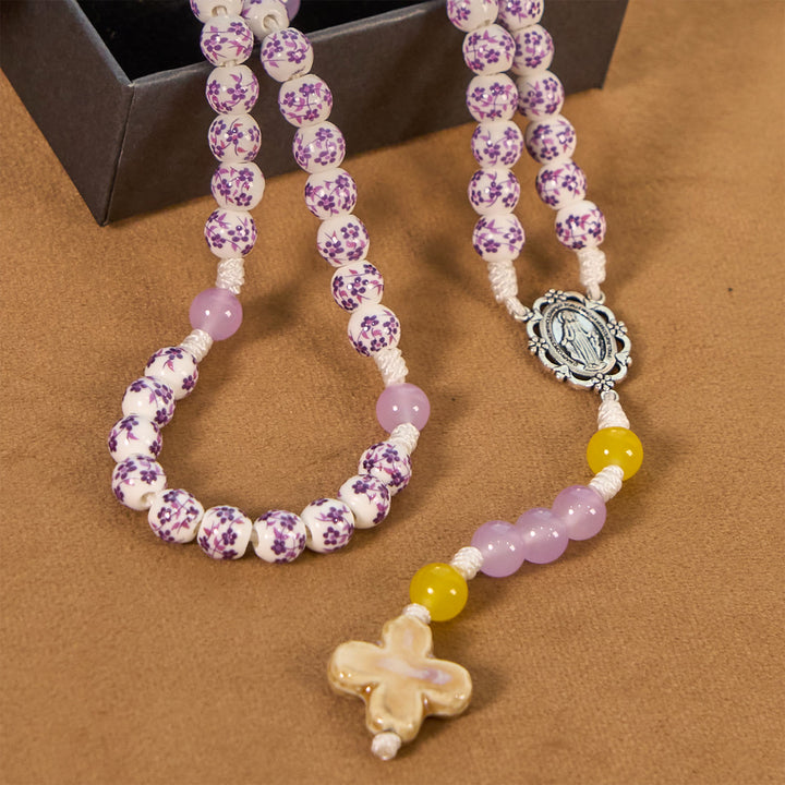 Christianartworkshop Medaglia miracolosa e croce di perle di ceramica a forma di fiore da 8 mm Rosario fatto a mano per la preghiera sacra - image 8