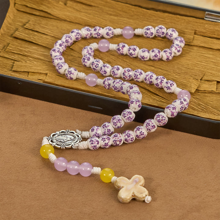 Christianartworkshop Medaglia miracolosa e croce di perle di ceramica a forma di fiore da 8 mm Rosario fatto a mano per la preghiera sacra - image 3