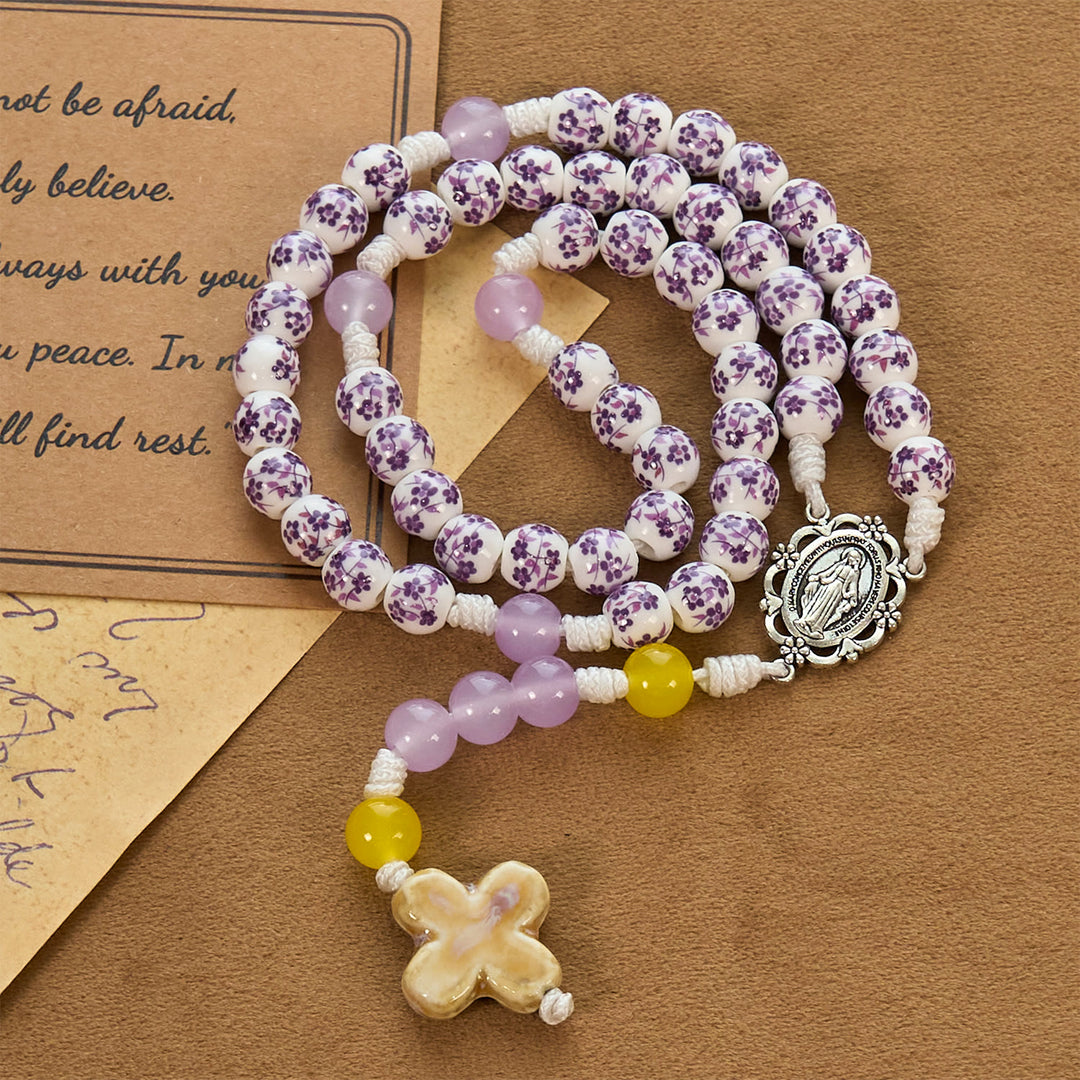 Christianartworkshop Medaglia miracolosa e croce di perle di ceramica a forma di fiore da 8 mm Rosario fatto a mano per la preghiera sacra - image 1