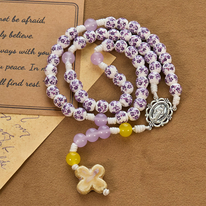 Christianartworkshop Medaglia miracolosa e croce di perle di ceramica a forma di fiore da 8 mm Rosario fatto a mano per la preghiera sacra - image 1