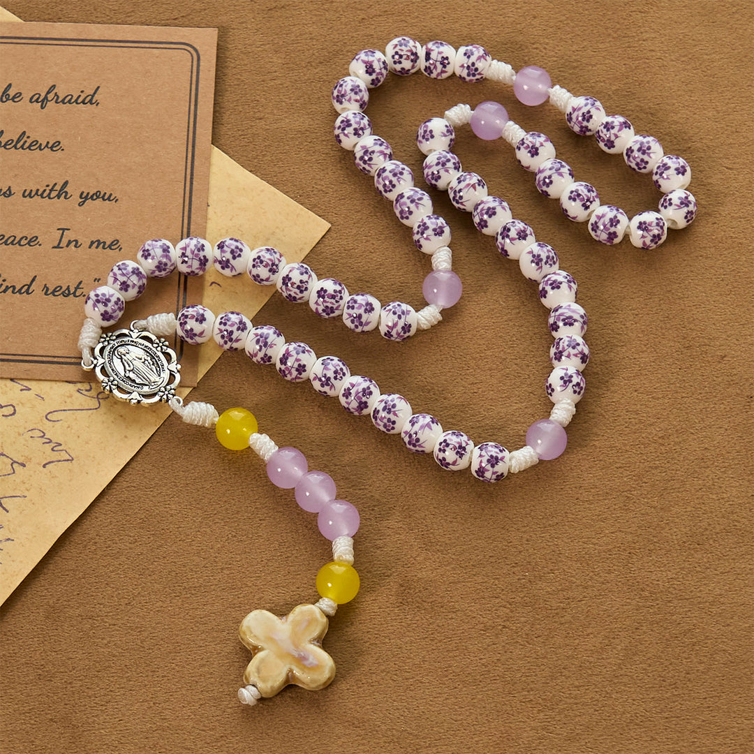 Christianartworkshop Medaglia miracolosa e croce di perle di ceramica a forma di fiore da 8 mm Rosario fatto a mano per la preghiera sacra - image 2