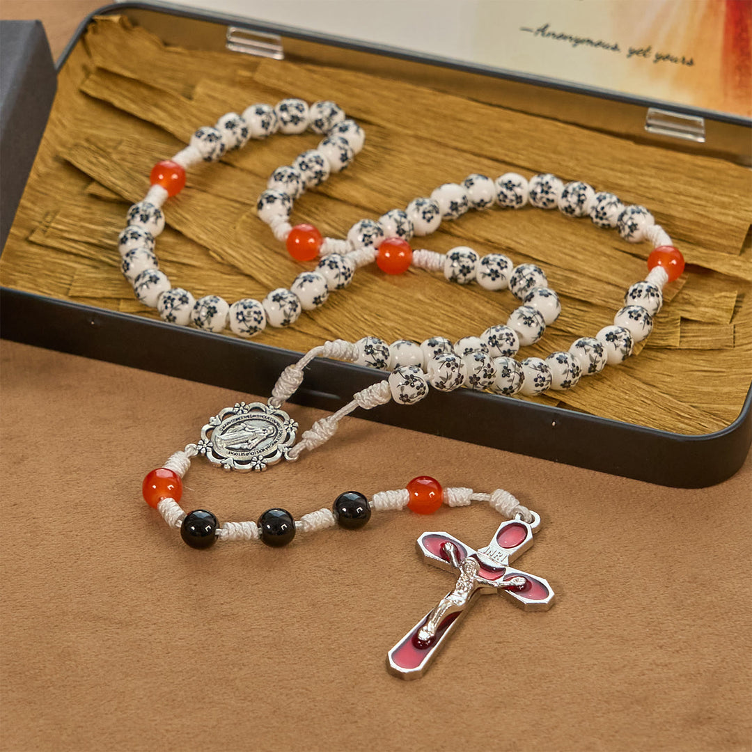 Christianartworkshop Medaglia miracolosa e crocifisso di perle di ceramica a forma di fiore da 8 mm Rosario fatto a mano - Rosario di protezione divina - image 2