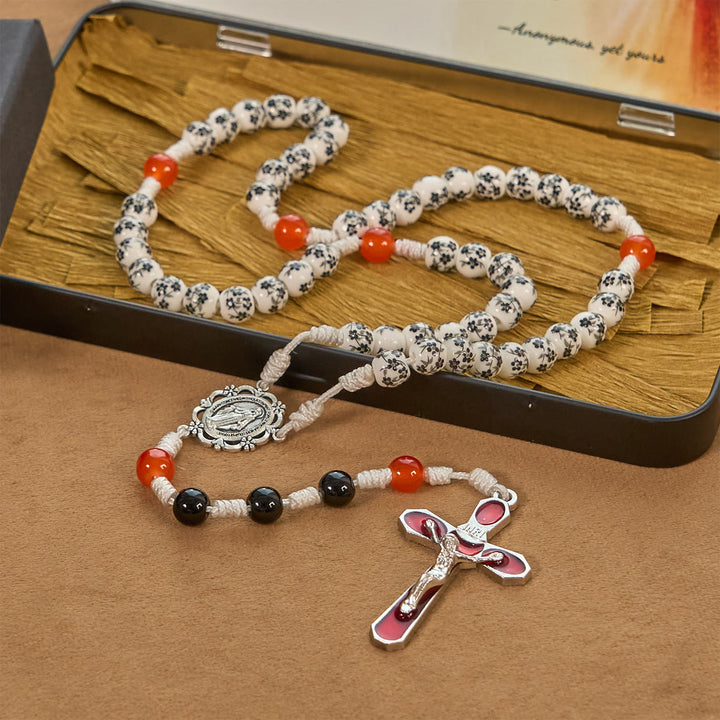 Christianartworkshop Medaglia miracolosa e crocifisso di perle di ceramica a forma di fiore da 8 mm Rosario fatto a mano - Rosario di protezione divina - image 2