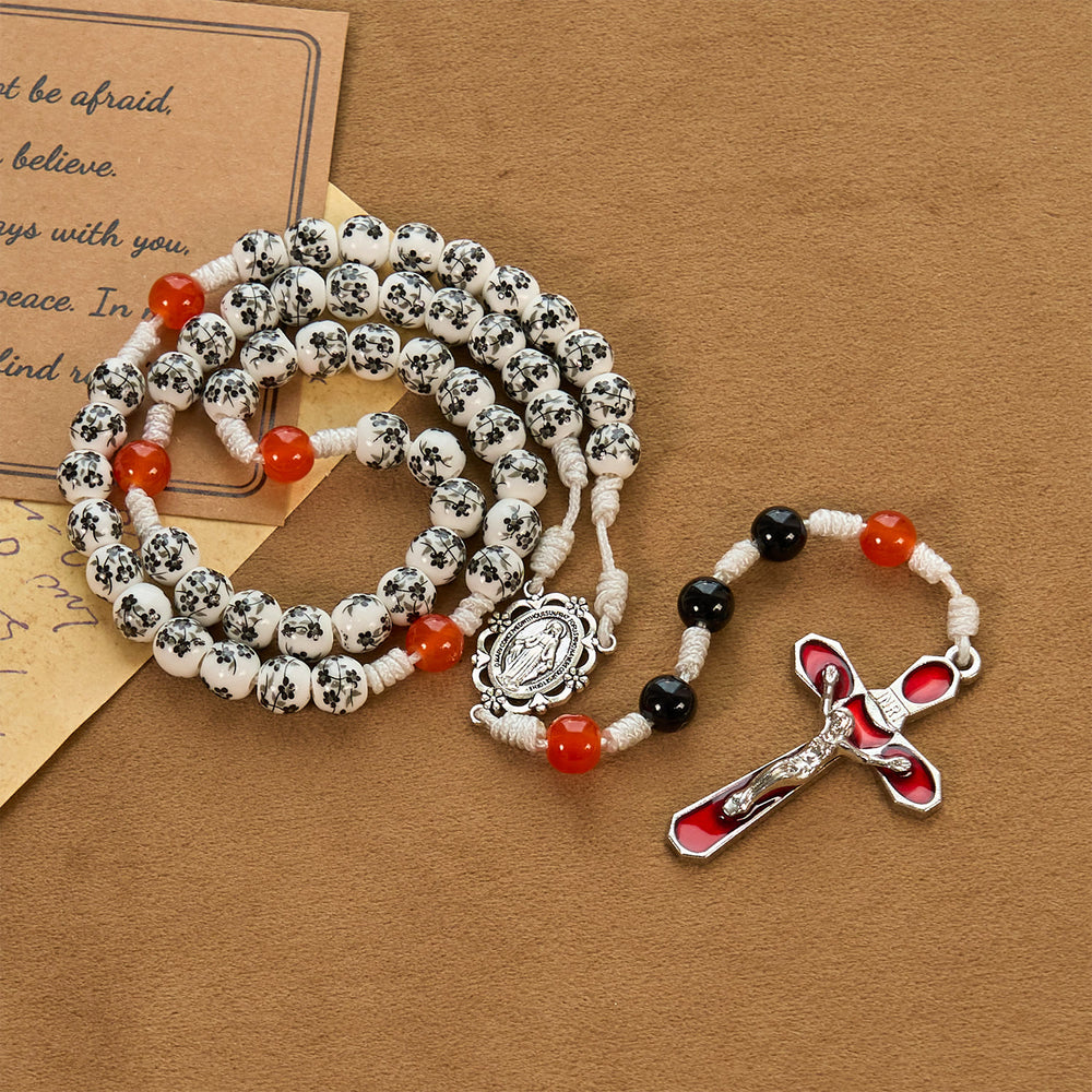 Christianartworkshop Medaglia miracolosa e crocifisso di perle di ceramica a forma di fiore da 8 mm Rosario fatto a mano - Rosario di protezione divina - image 1