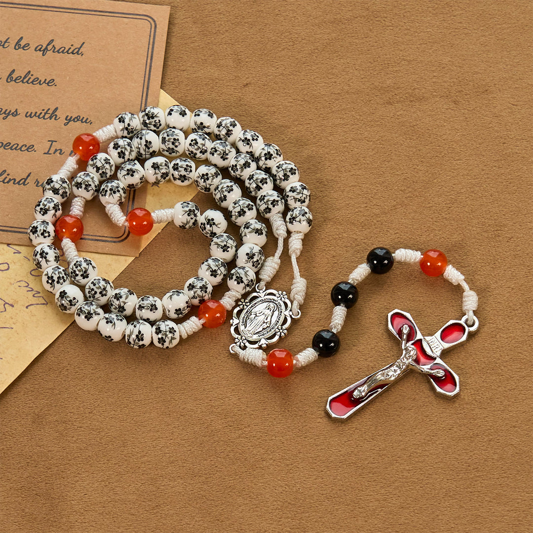 Christianartworkshop Medaglia miracolosa e crocifisso di perle di ceramica a forma di fiore da 8 mm Rosario fatto a mano - Rosario di protezione divina - image 1