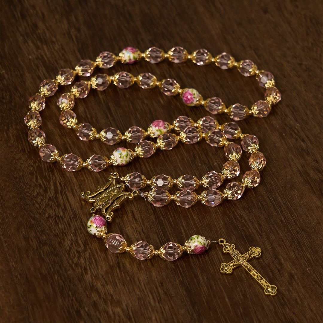 Christianartworkshop Gesù è il dono: crocifisso con perline di cristallo rosa e rosario della Vergine Maria con carta regalo - image 4
