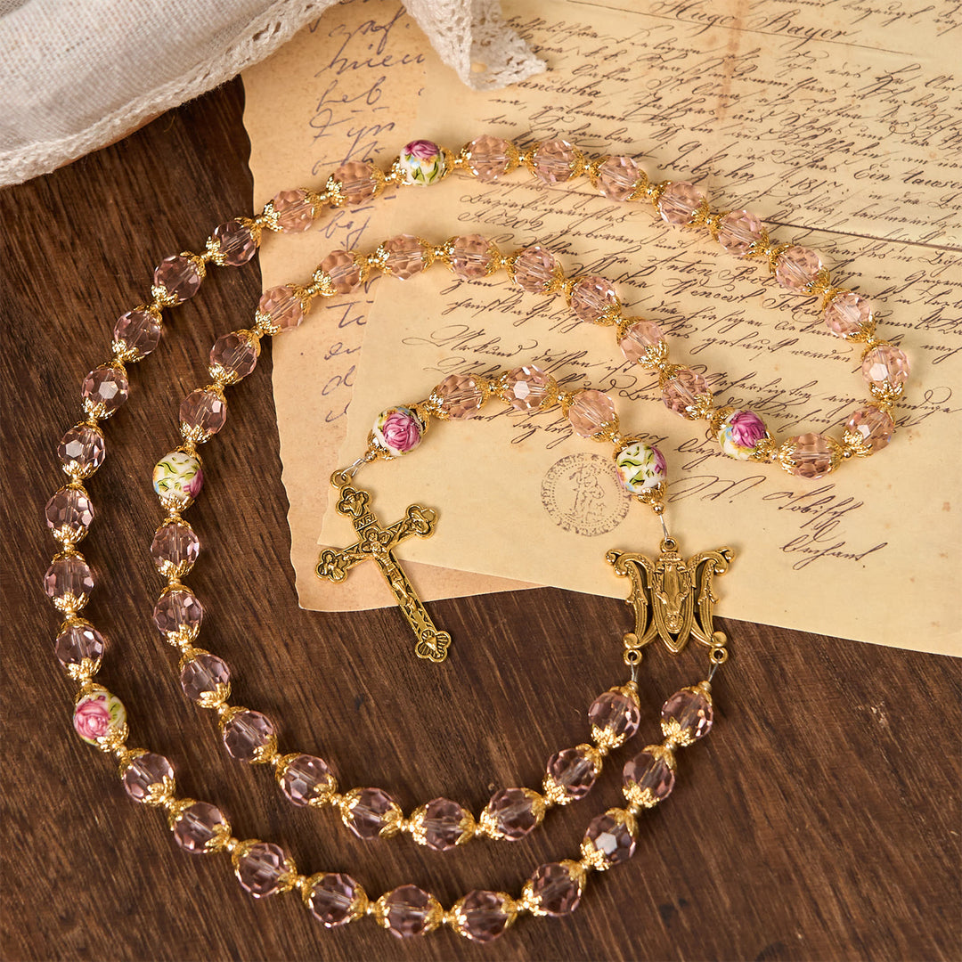 Christianartworkshop Gesù è il dono: crocifisso con perline di cristallo rosa e rosario della Vergine Maria con carta regalo - image 10