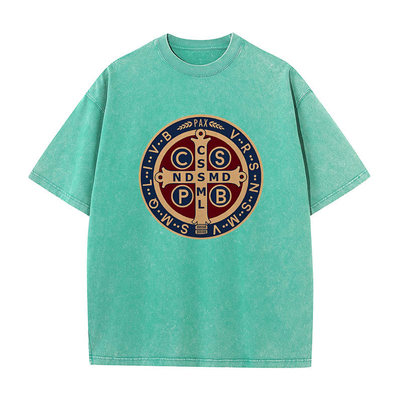 Christianartworkshop Medaglia di San Benedetto Santa Croce T-shirt unisex lavata - Verde - 5XL - image 8
