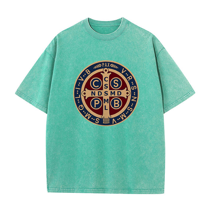 Christianartworkshop Medaglia di San Benedetto Santa Croce T-shirt unisex lavata - Verde - 5XL - image 8