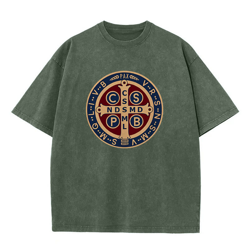 Christianartworkshop Medaglia di San Benedetto Santa Croce T-shirt unisex lavata - Verde militare - 5XL - image 3