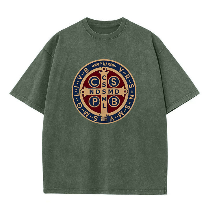 Christianartworkshop Medaglia di San Benedetto Santa Croce T-shirt unisex lavata - Verde militare - 5XL - image 3