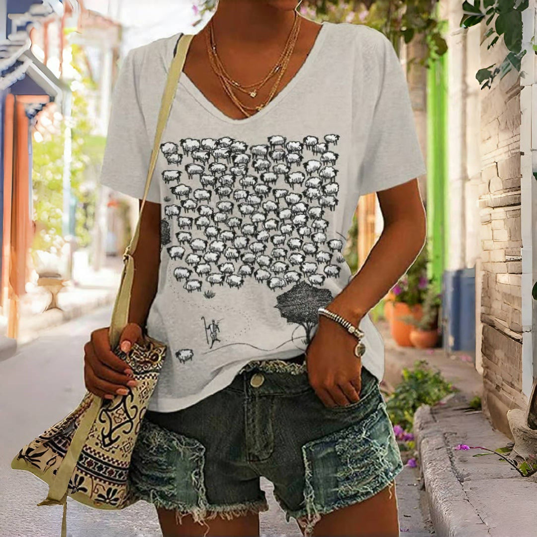 Christianartworkshop Maglietta con scollo a V e stampa grafica "Gregge di pecore" - 4XL - image 0