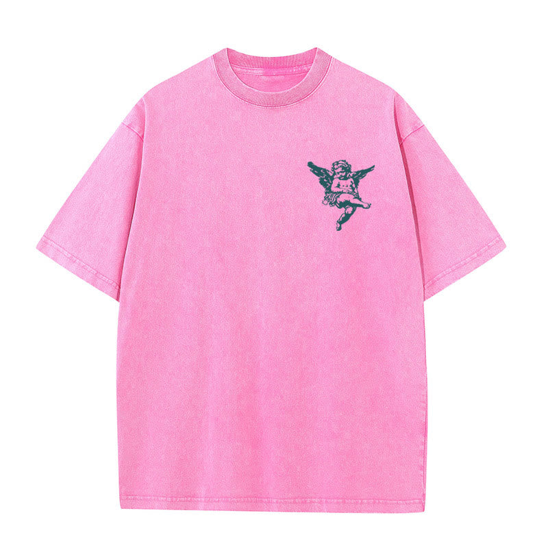 Maglietta unisex lavata ispirata a Christianartworkshop con disegno di cherubino e scritta "Beata" - image 14