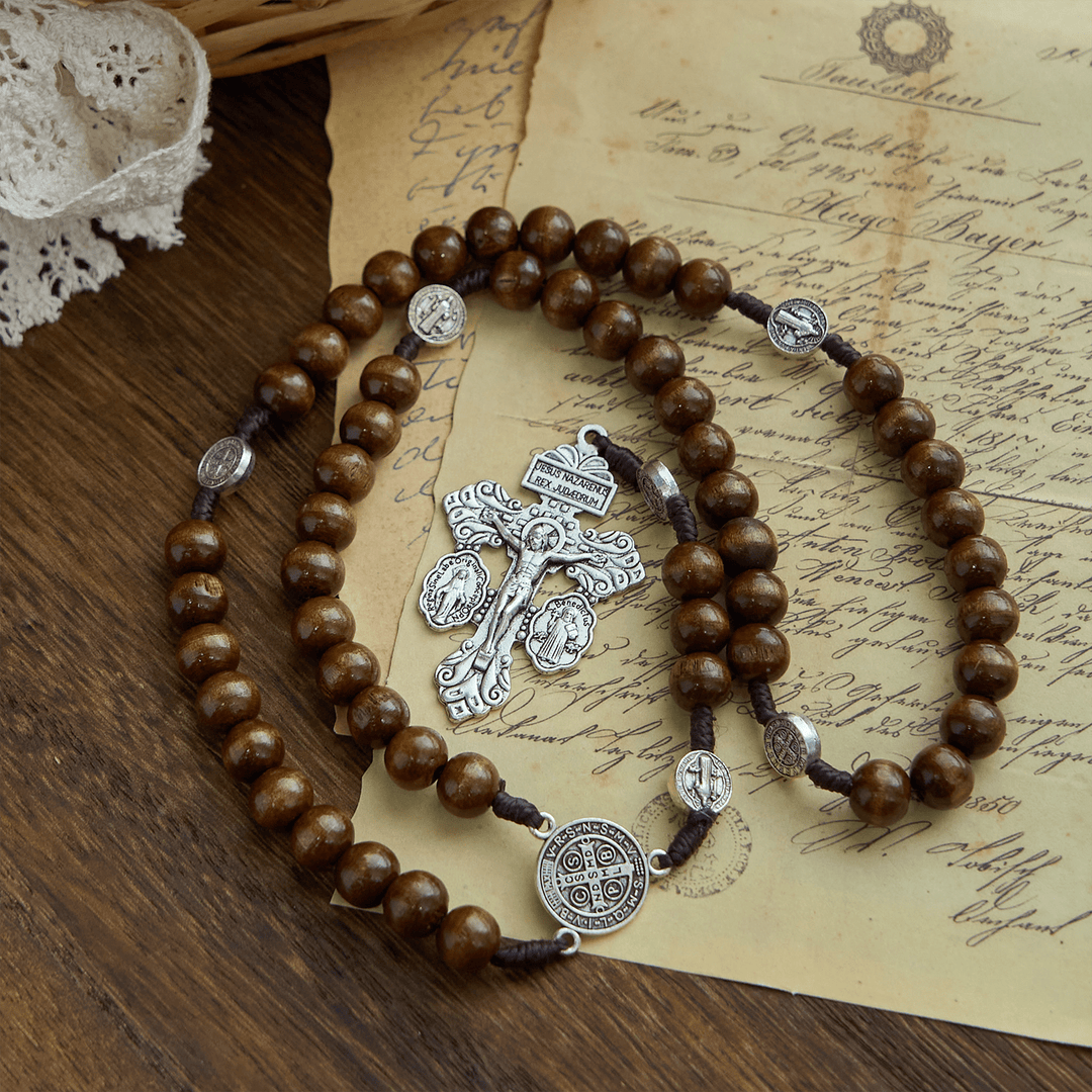 Christianartworkshop Medaglia di San Benedetto Chiesa Perdono Assoluzione Collana di legno Rosario Regalo - Perline di legno - image 0