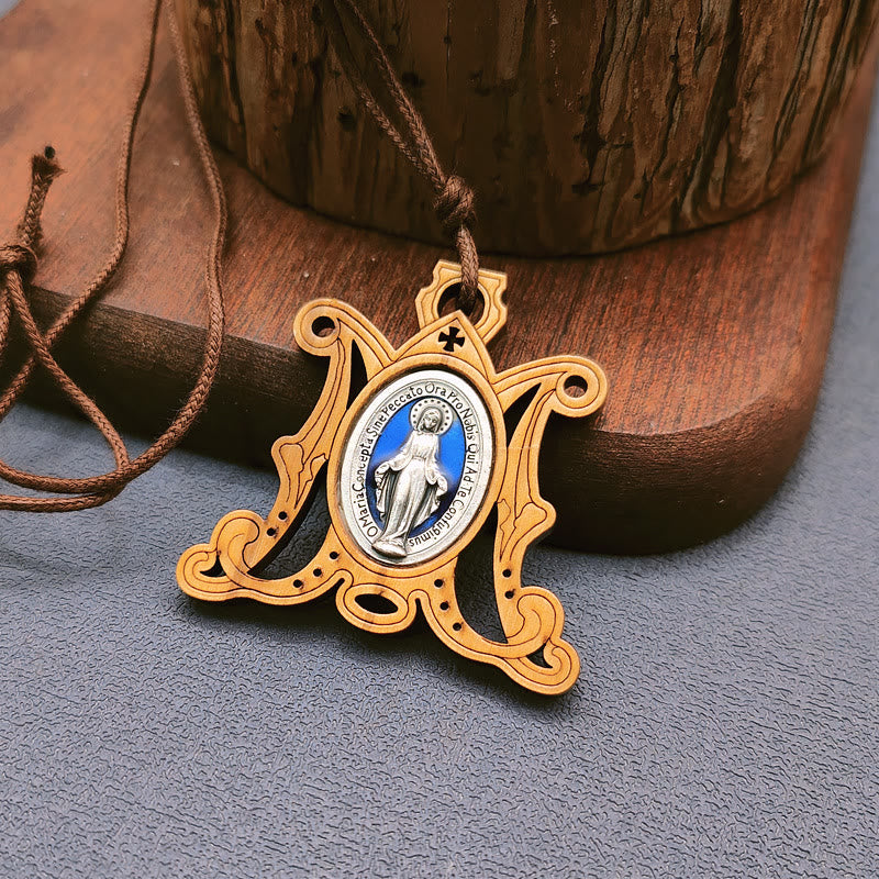 Collana con medaglia miracolosa in legno d'ulivo vintage Christianartworkshop : un emblema senza tempo della grazia divina - image 0