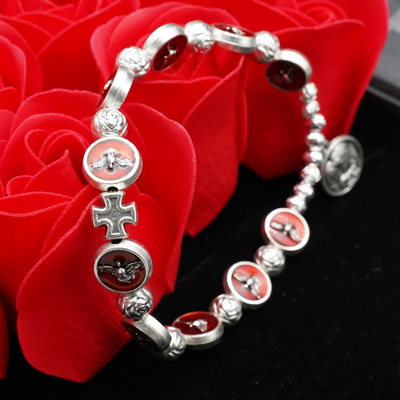 Christianartworkshop Bracciale smaltato con Spirito Santo, Croce e Perline di Rosa: Simbolo Amato di Protezione Benedetta - image 1
