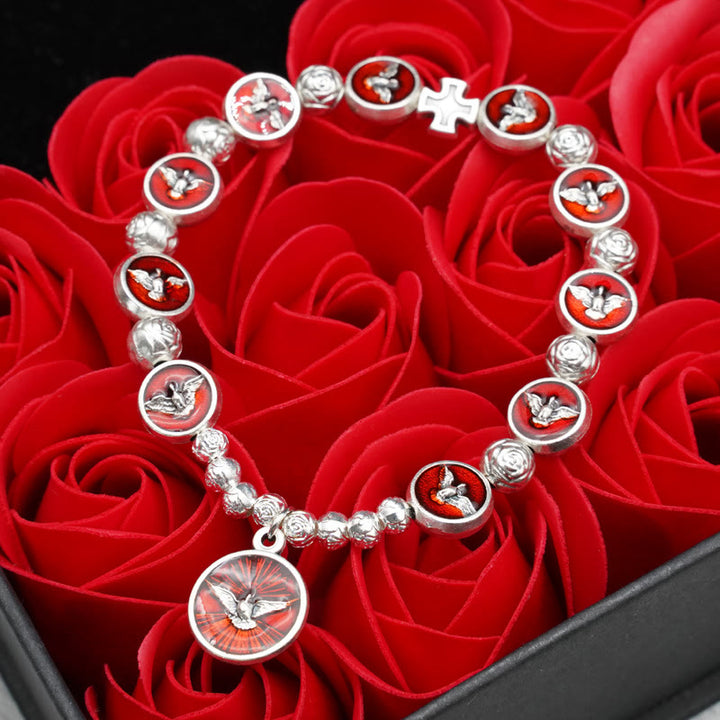 Christianartworkshop Bracciale smaltato con Spirito Santo, Croce e Perline di Rosa: Simbolo Amato di Protezione Benedetta - Spirito Santo - image 0