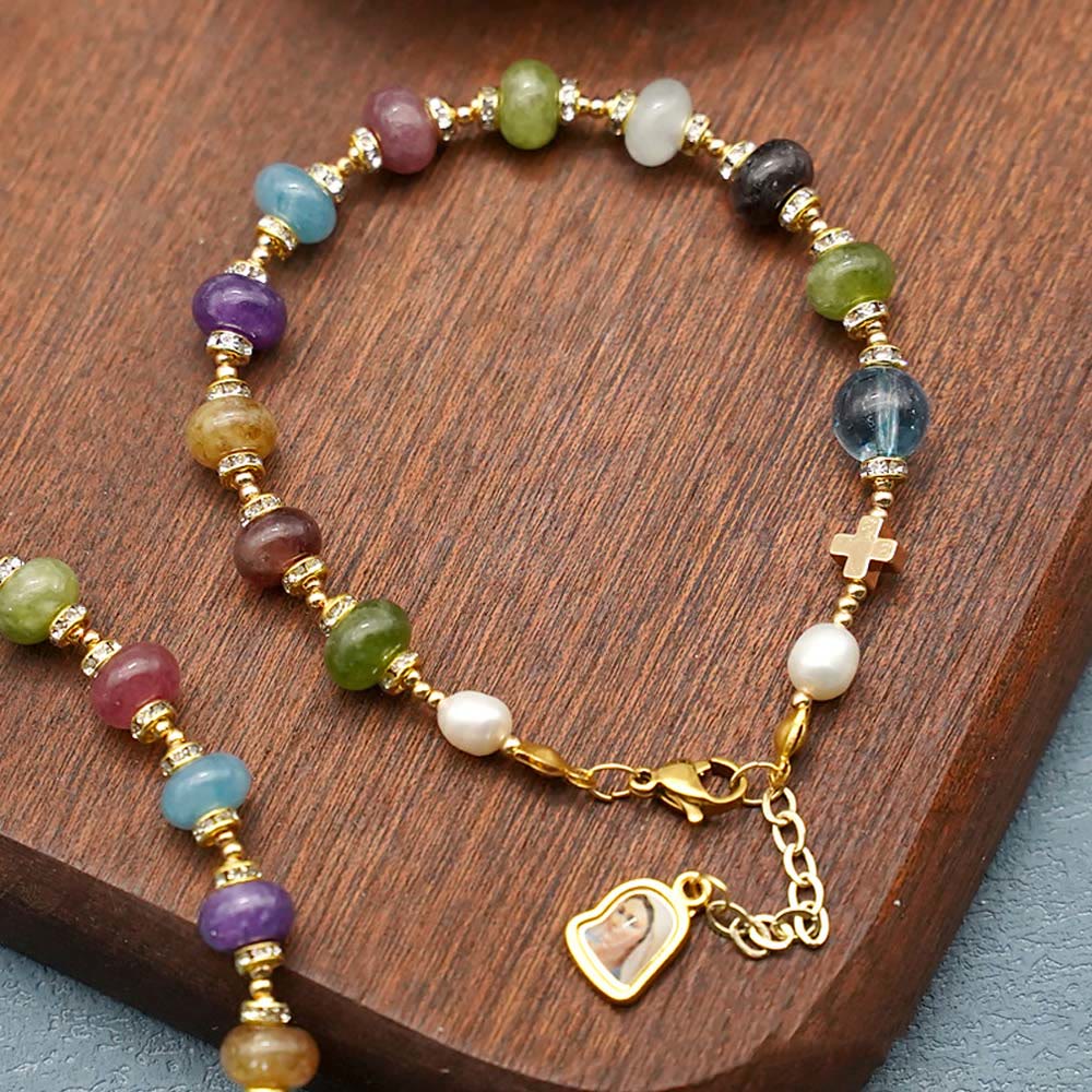 Bracciale con medaglia miracolosa e croce di agata tormalina naturale multicolore rotonda Christianartworkshop - Agata tormalina - image 0