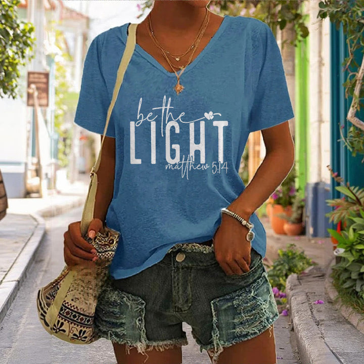 Christianartworkshop Maglietta da donna con scollo a V e stampa Be The Light Faith - Blu - 4XL - image 0