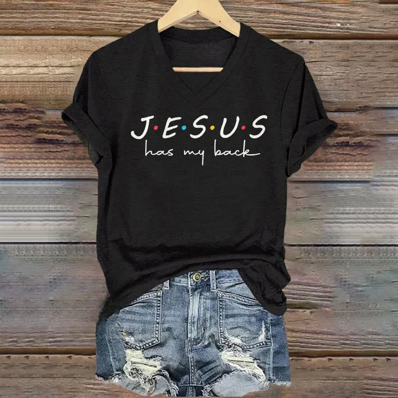 Christianartworkshop Maglietta da donna con scollo a V e stampa Jesus Has My Back - Nero - 4XL - image 0