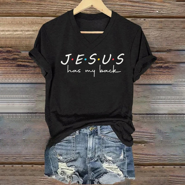 Christianartworkshop Maglietta da donna con scollo a V e stampa Jesus Has My Back - Nero - 4XL - image 0