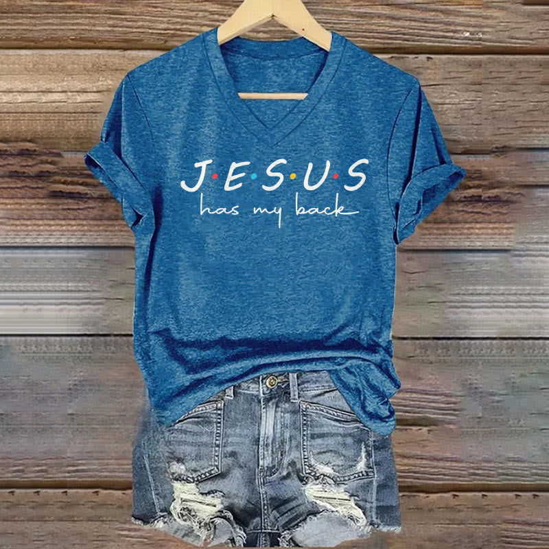 Christianartworkshop Maglietta da donna con scollo a V e stampa Jesus Has My Back - Blu - 4XL - image 5