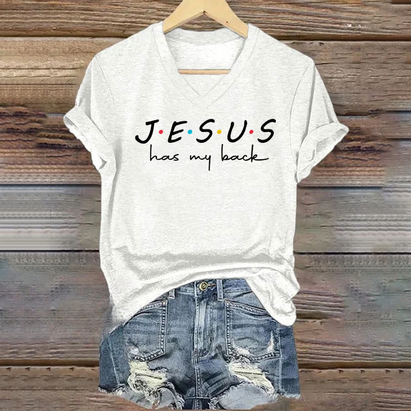 Christianartworkshop Maglietta da donna con scollo a V e stampa Jesus Has My Back - Bianco - 4XL - image 3