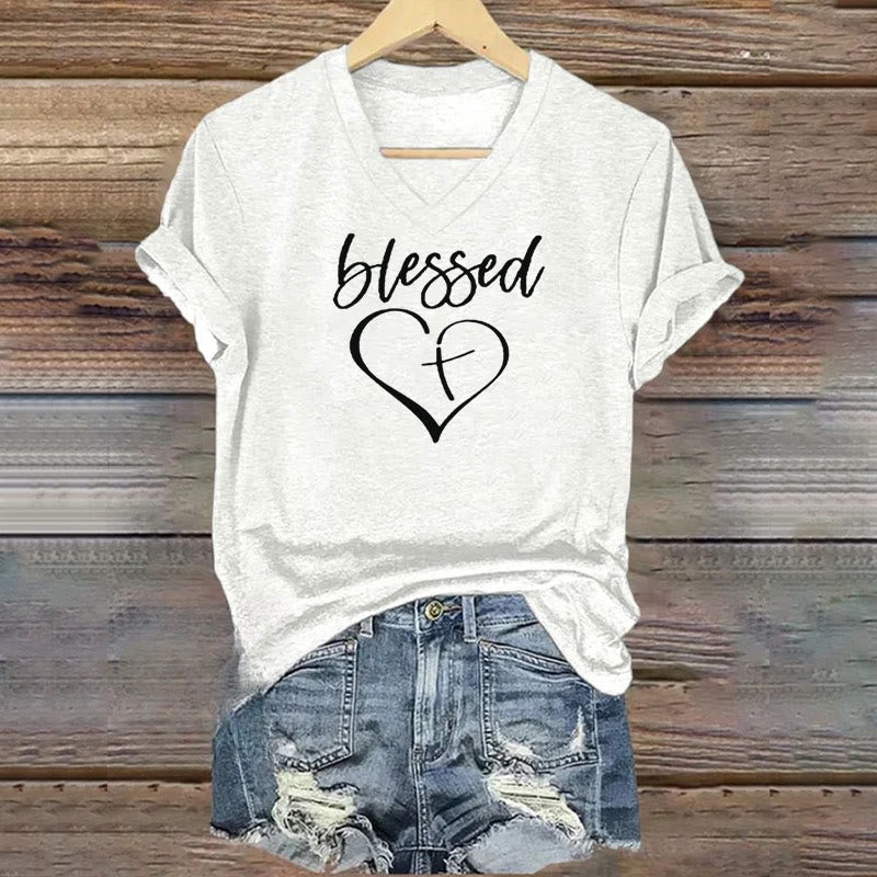 Christianartworkshop Maglietta da donna con scollo a V e stampa "Blessed Love Cross Jesus Has My Back" - Bianco - 4XL - image 0
