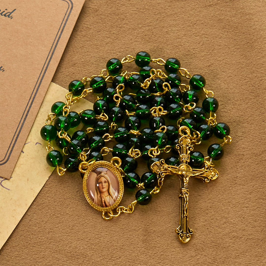 Christianartworkshop Rosario vintage in perline di vetro verde con Vergine Maria e Crocifisso: Fede - Cimelio pieno - Medaglia e crocifisso della Vergine Maria - image 0