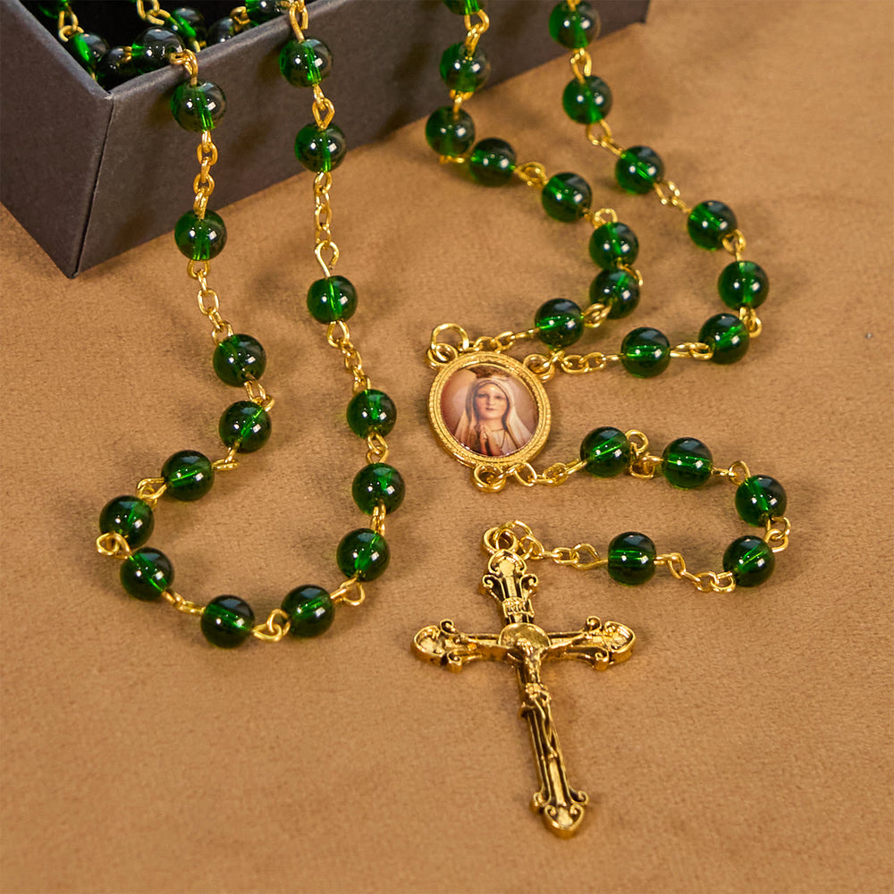 Christianartworkshop Rosario vintage in perline di vetro verde con Vergine Maria e Crocifisso: Fede - Cimelio pieno - image 1