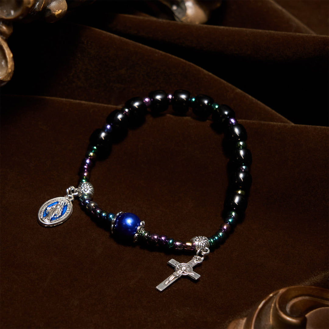 Christianartworkshop Bracciale in ebano e agata blu con medaglia della Madonna e crocifisso - image 3