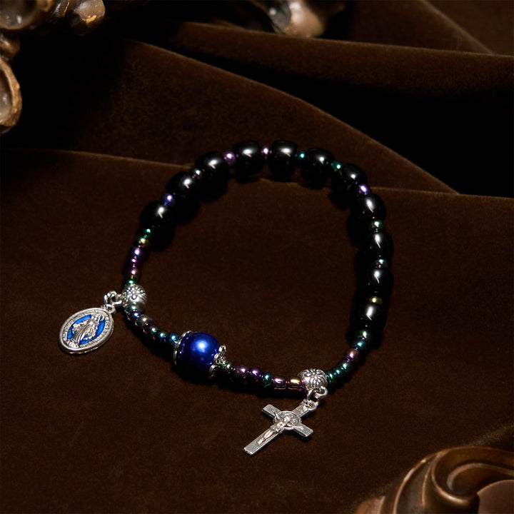 Christianartworkshop Bracciale in ebano e agata blu con medaglia della Madonna e crocifisso - image 3
