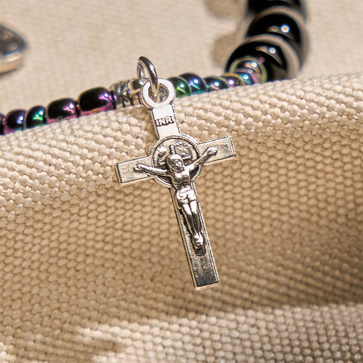 Christianartworkshop Bracciale in ebano e agata blu con medaglia della Madonna e crocifisso - image 4