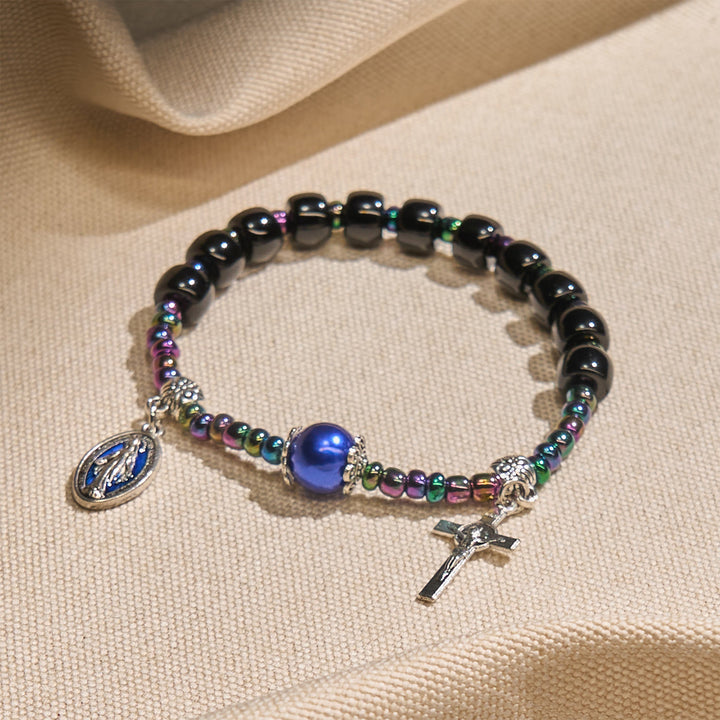 Christianartworkshop Bracciale in ebano e agata blu con medaglia della Madonna e crocifisso - image 1
