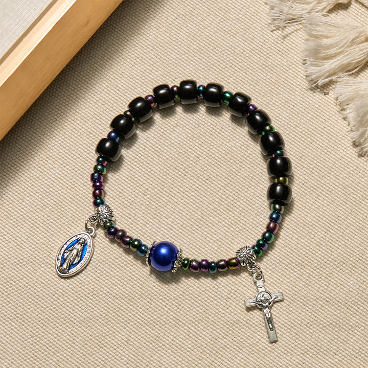 Christianartworkshop Bracciale in ebano e agata blu con medaglia della Madonna e crocifisso - Perle di ebano - image 0
